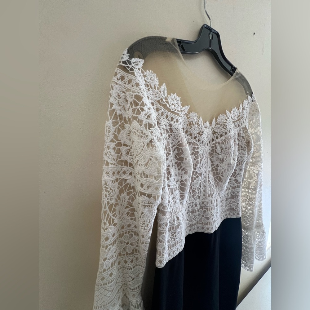 Tadashi Shoji Elegant Lace Long Sleeve Dress in Black and Cream - Picture 6 of 10